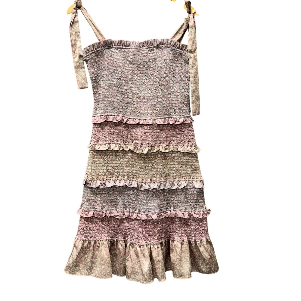 Storia Dress Womens Large Smocked Tiered Ruffle Floral Grey Pink Boho Bodycon